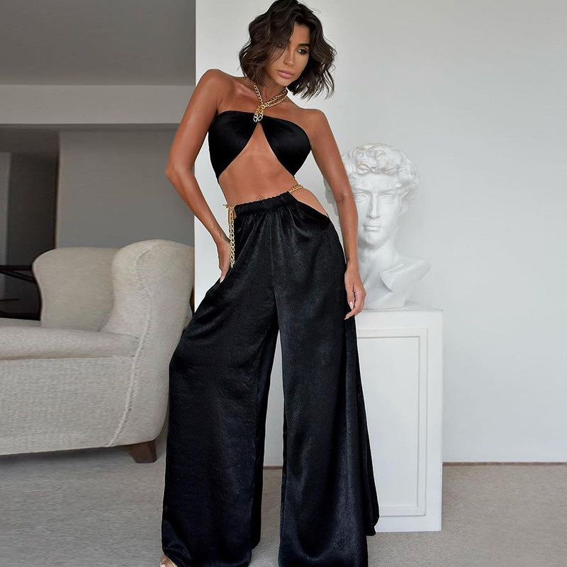 Chain Halter Women's Fashion Suit Summer Sexy Temperament Vest Wide Pants Women