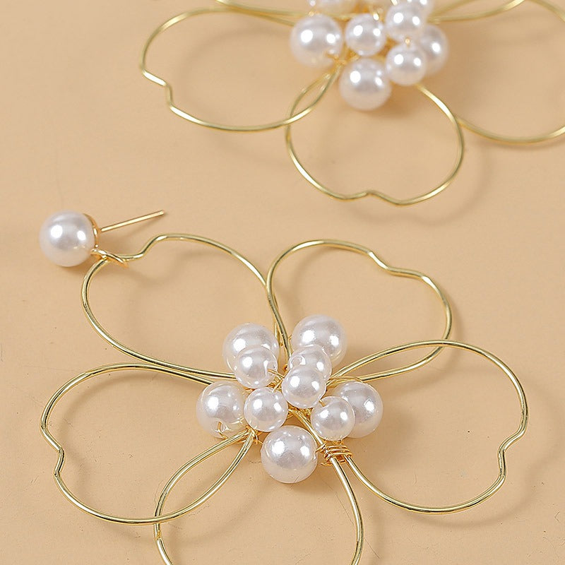 Pearl woven large flower earrings, women's trend, hand wrapped earrings, jewelry