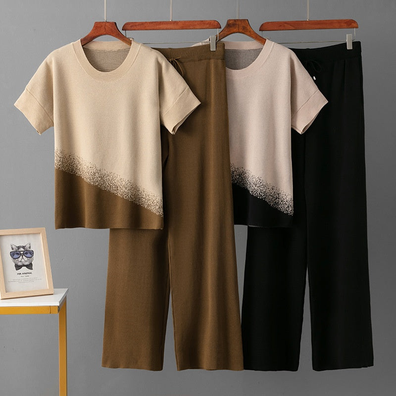 Round neck gradient suit top, sporty wide leg pants for women