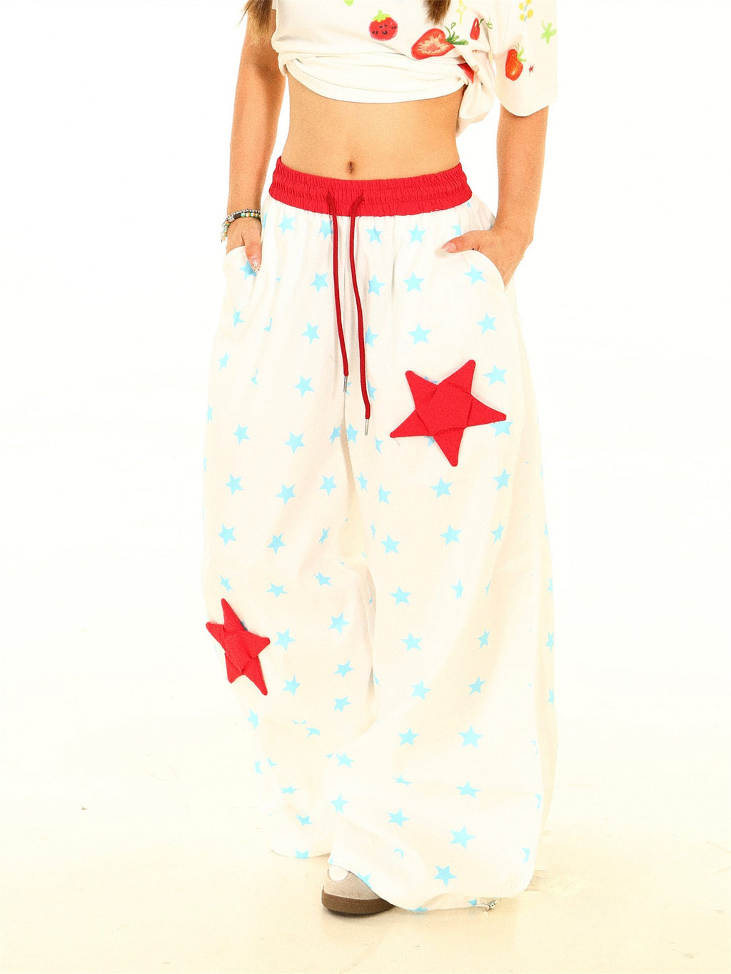 Vintage Star Print Casual Pants Women Wide Leg Pants