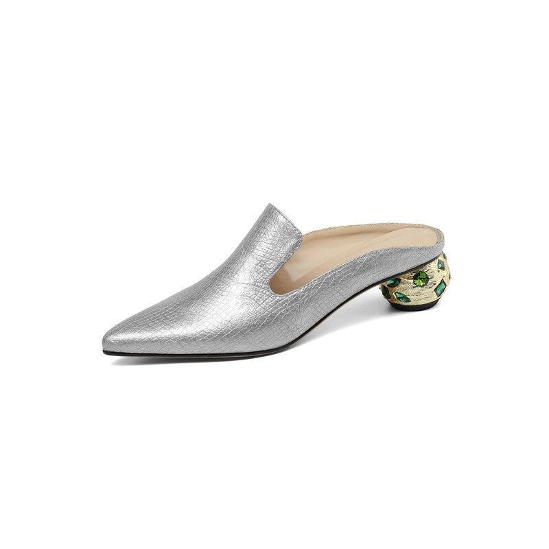 Women Thick Heels  New Arrival Rhinestone Pointed Toe Genuine Leather Slippers Mules Summer Crystal Sandals Shoes Woman
