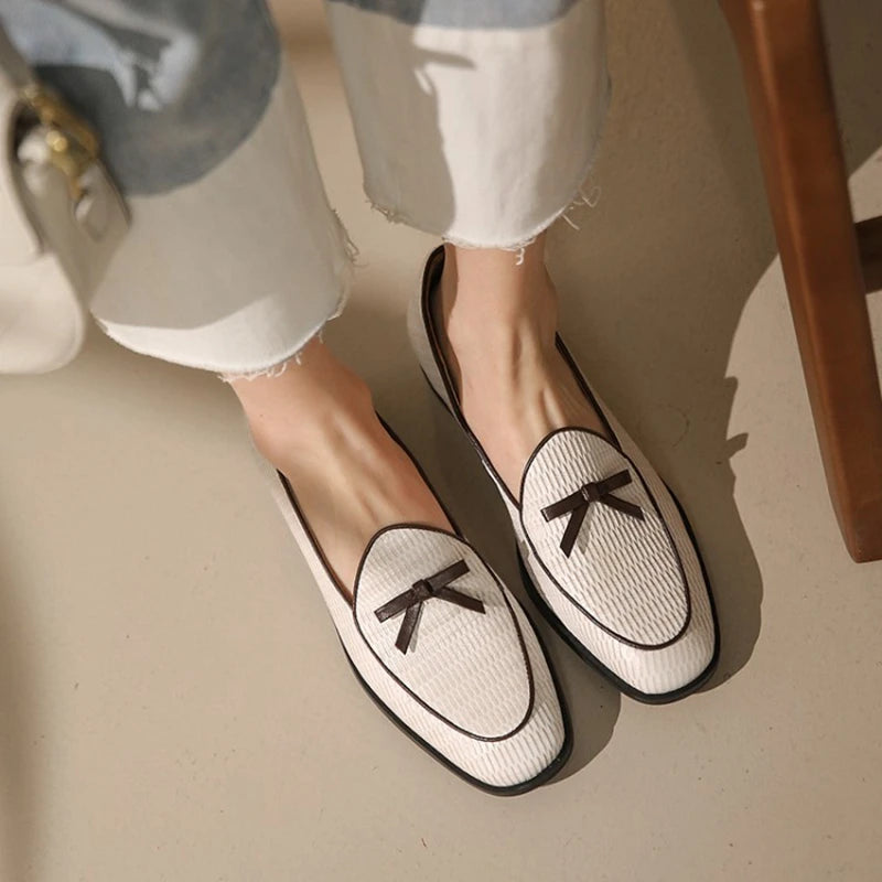Spring/Autumn Women Loafers Genuine Leather Shoes for Women Round Toe Chunky Heel Shoes Casual Bow-knot Low Heel Women Pumps