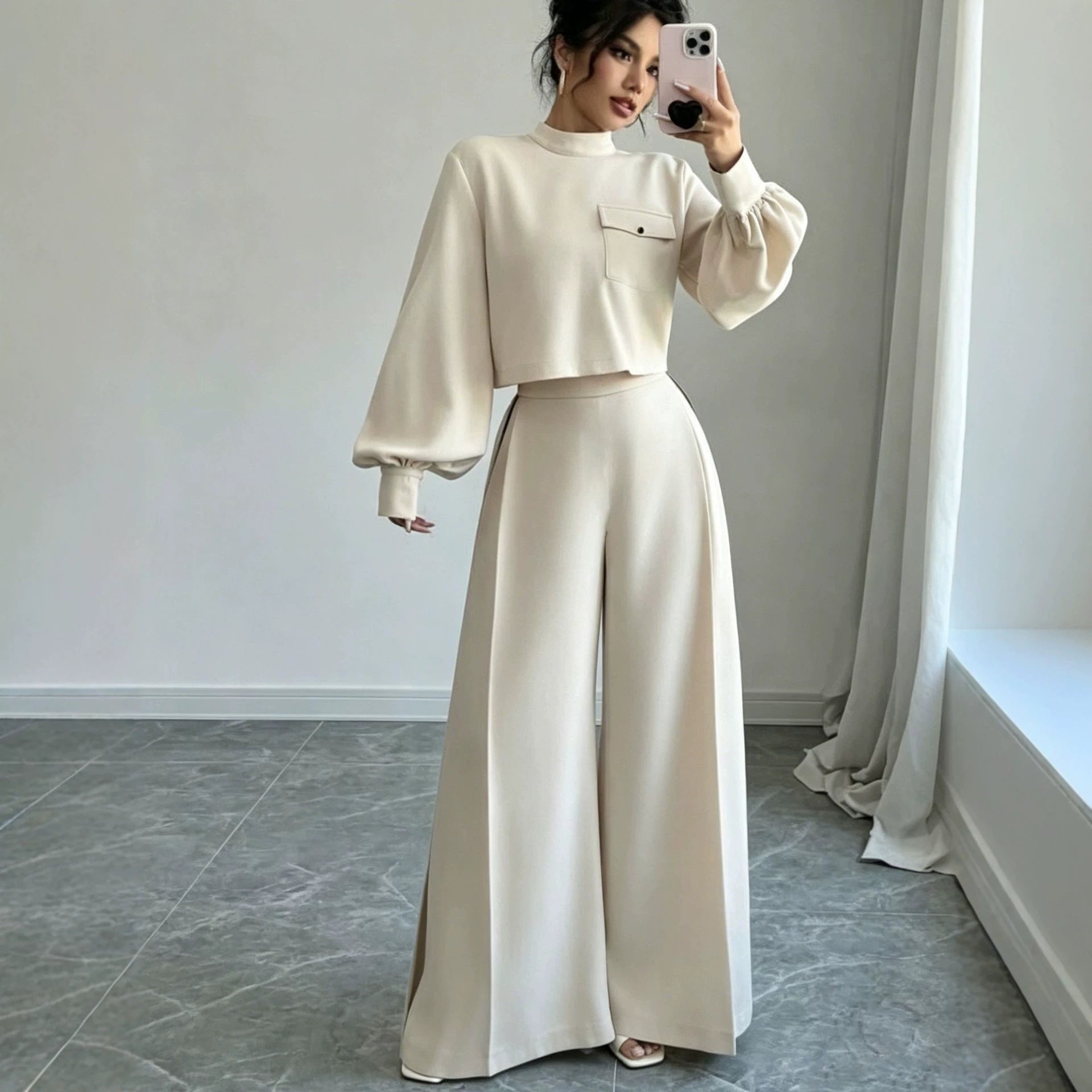 Solid color wide leg pants set for women