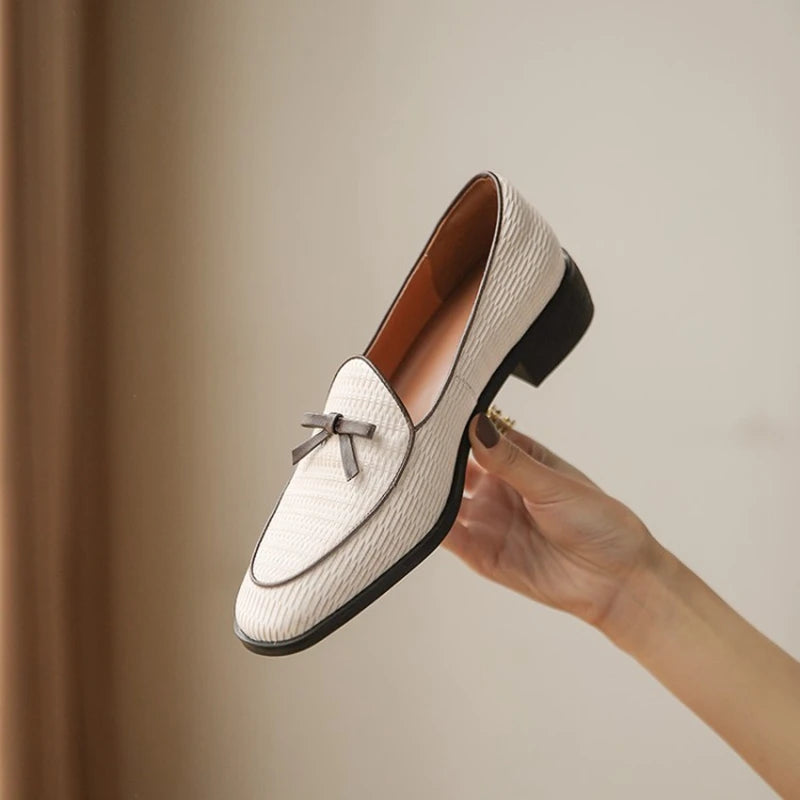 Spring/Autumn Women Loafers Genuine Leather Shoes for Women Round Toe Chunky Heel Shoes Casual Bow-knot Low Heel Women Pumps