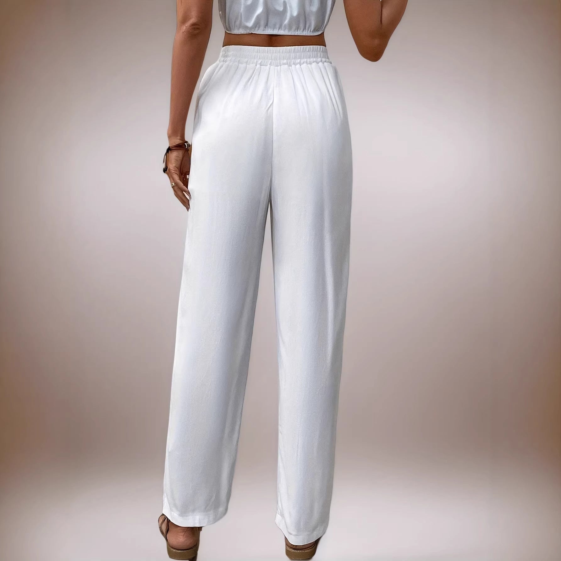 Loose pocket drawstring wide leg pants for women