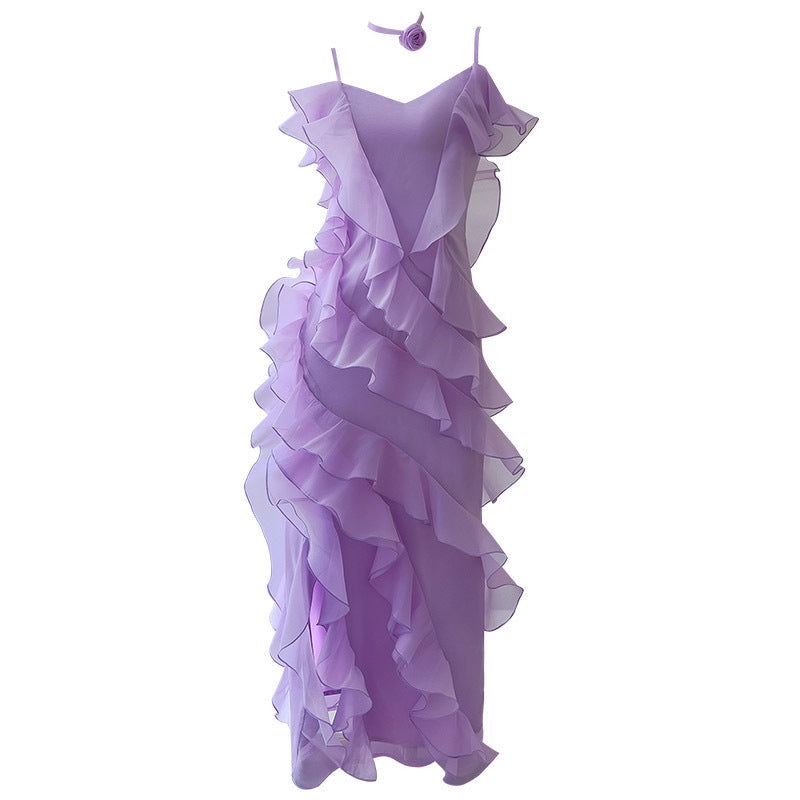 Ruffle Fold Lace Design Lace-up Sling Dress High Waist Elegant Solid Fashion Dresses For Women Summer