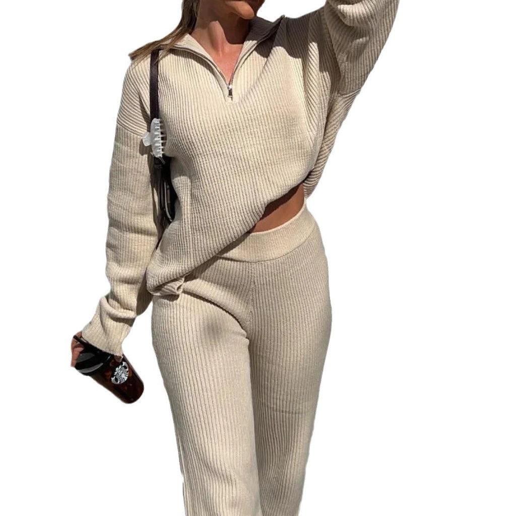 Spring and Autumn Hot selling New Product Two piece Set, Casual and Comfortable Collar Long sleeved Straight leg Pants Knitted S