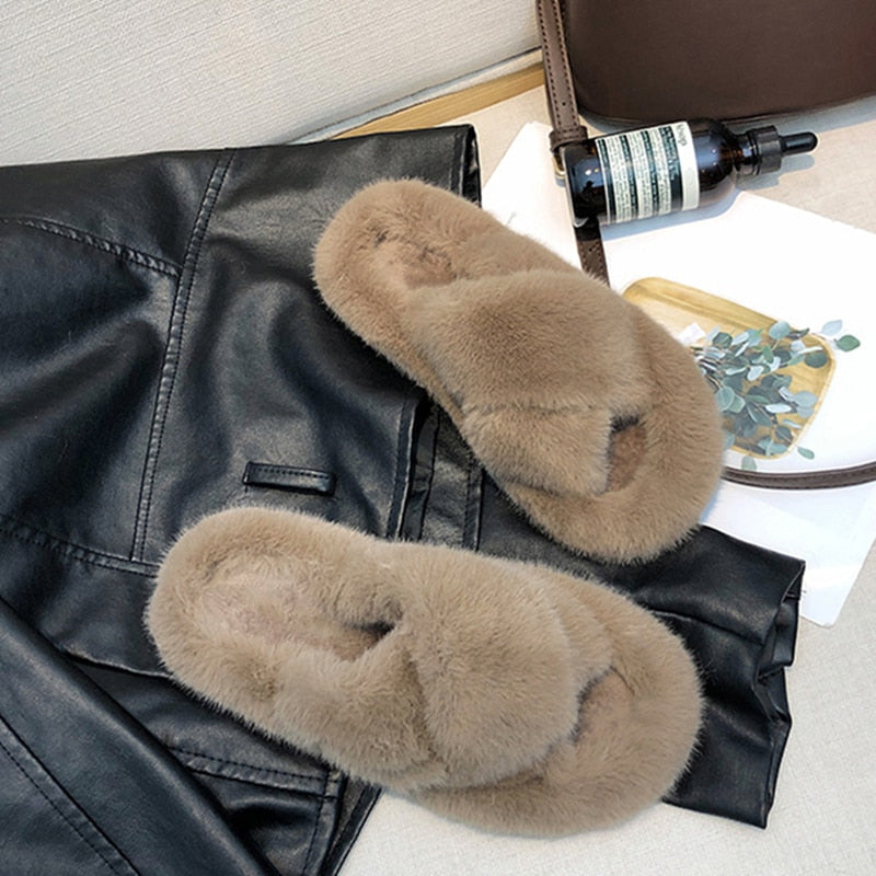 Winter House Women Fur Slippers Fashion Cross Band Warm Plush Ladies Plush Shoes Cozy Open Toe Indoor Fuzzy Slides For Girls