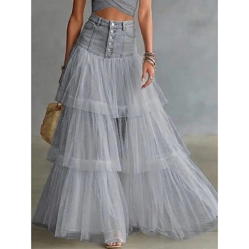 Cowboy patchwork mesh large swing skirt