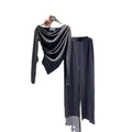 Solid color irregular waisted T-shirt for women+high waisted loose straight casual pants fashion set for women