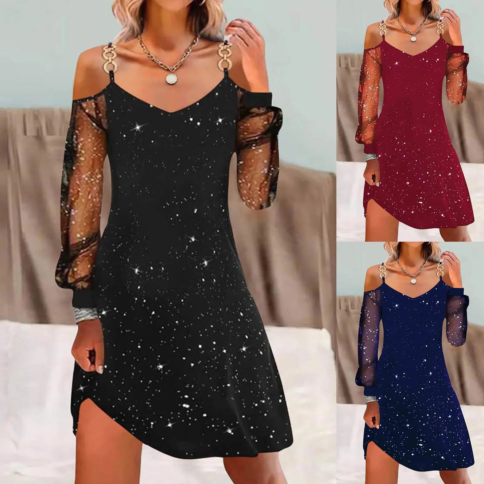 Elegant Party Dress for Women Shiny Sequins Metal Suspender Cutout Long Transparent Sleeve Short Dress Loose Evening Dress