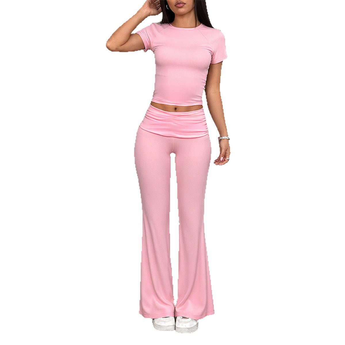 Short Sleeve Wide Leg Long Pants Two-Piece Set for Women