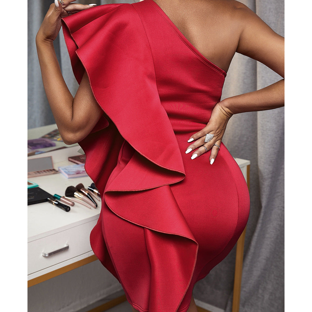 Spring And Summer Package Hip Sexy Slanted Shoulder Dress Women's Solid Color Sleeveless One-Piece Dress Women