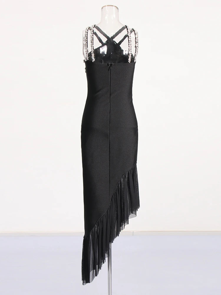 Sexy Patchwork Diamonds Dress For Women V Neck Sleeveless High Waist Bodycon Spliced Mesh Slimming Dresses Female
