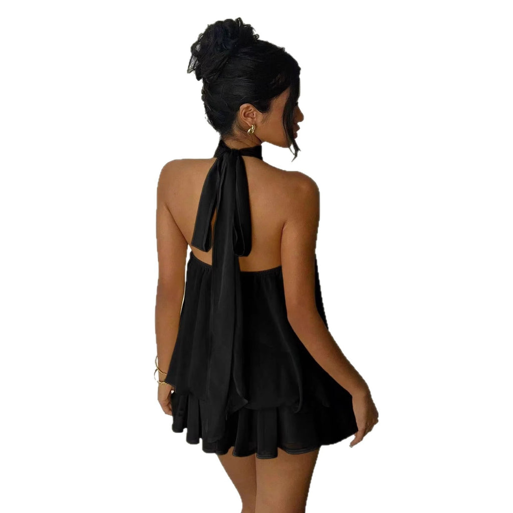 Solid Color Vacation Fitted Sexy Backless Halter Neck Cinched Waist Flared Mini Dress for Women