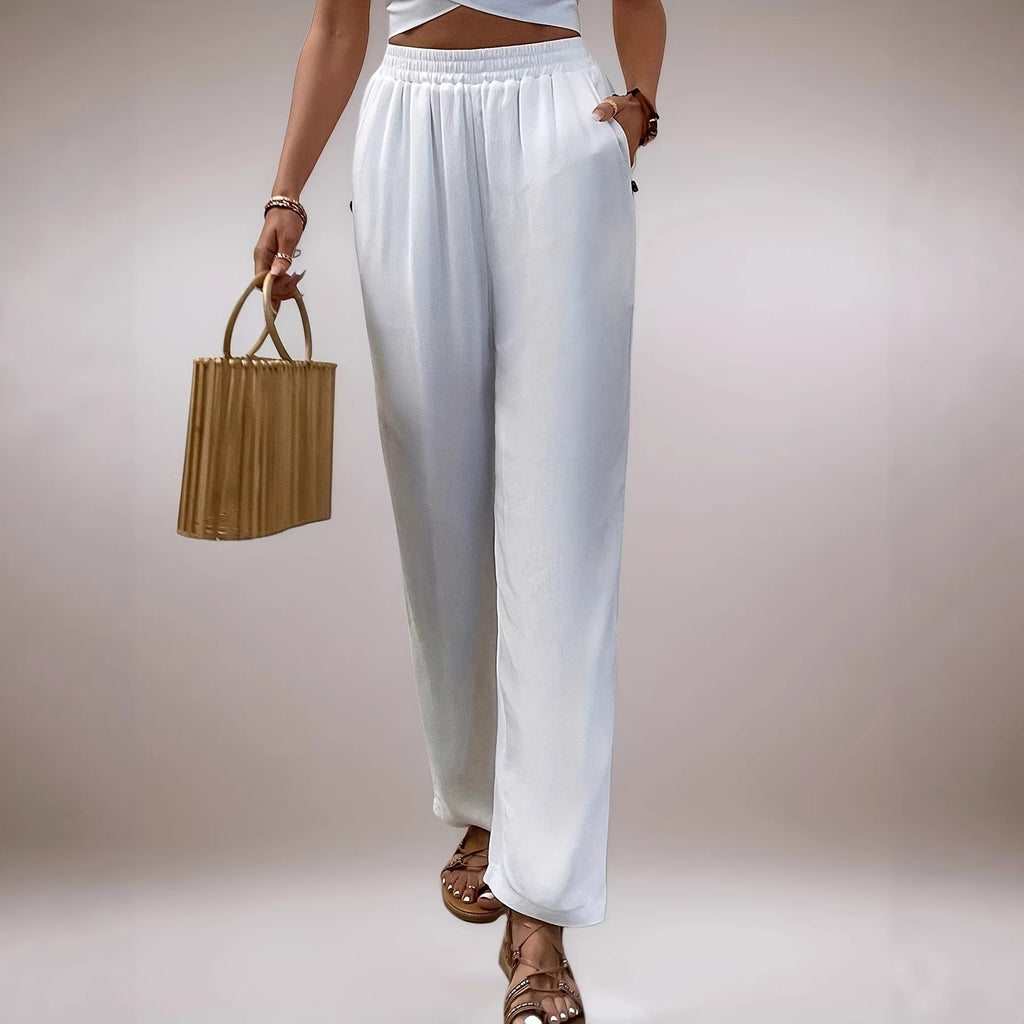 Loose pocket drawstring wide leg pants for women