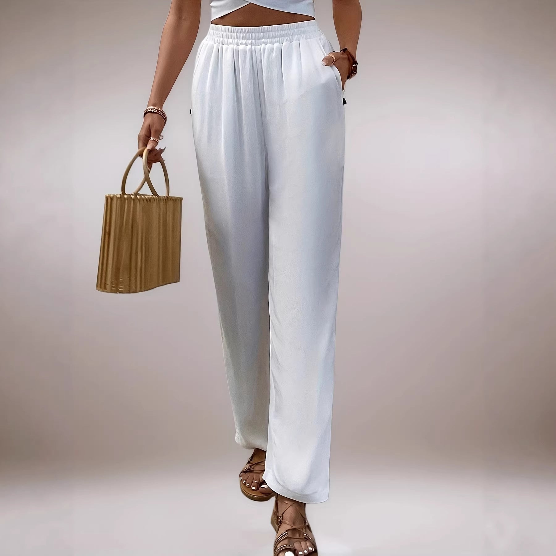 Loose pocket drawstring wide leg pants for women