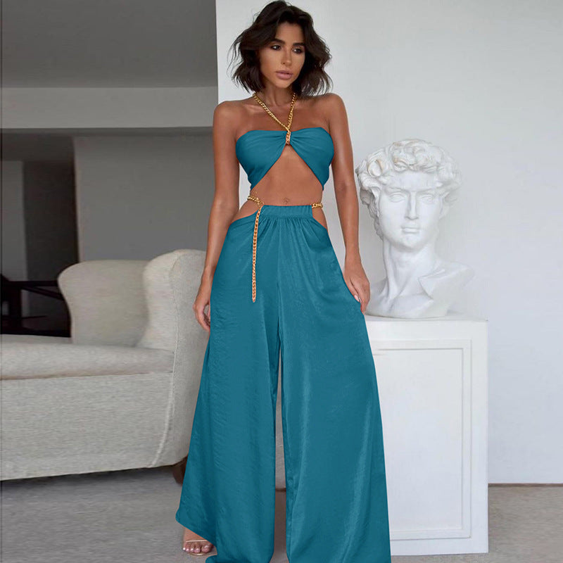 Chain Halter Women's Fashion Suit Summer Sexy Temperament Vest Wide Pants Women