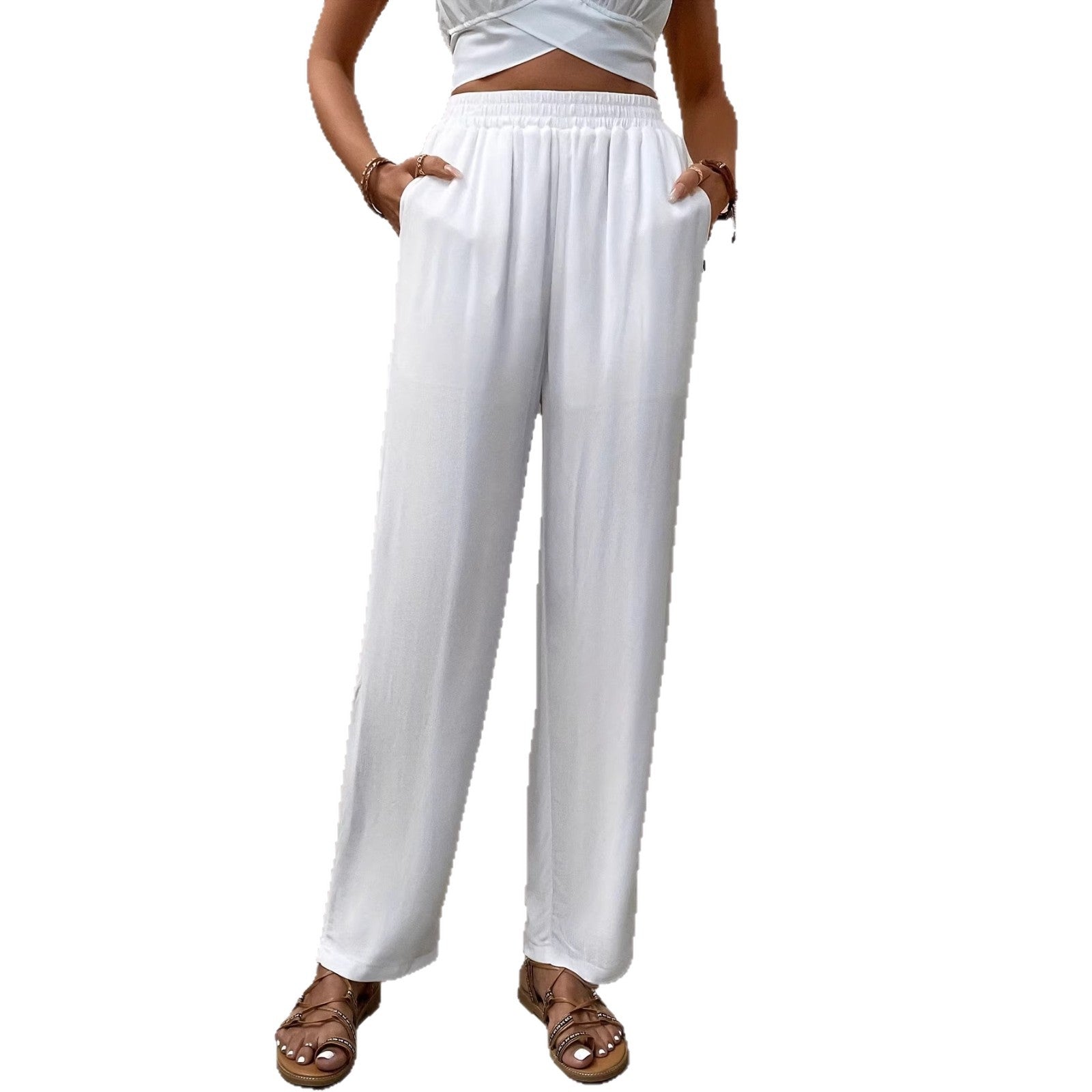 Loose pocket drawstring wide leg pants for women