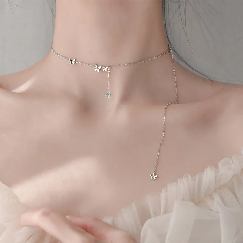 ANENJERY Shiny Cubic Zircon Butterfly Long Chain Tassel Necklace Clavicle Chains Choker For Women Gift S-N568