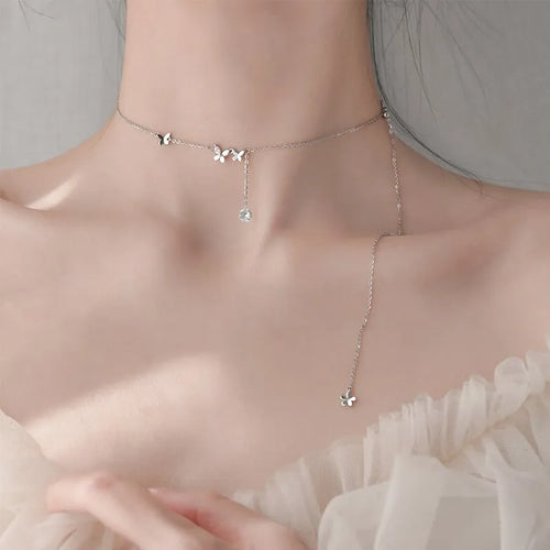 ANENJERY Shiny Cubic Zircon Butterfly Long Chain Tassel Necklace Clavicle Chains Choker For Women Gift S-N568