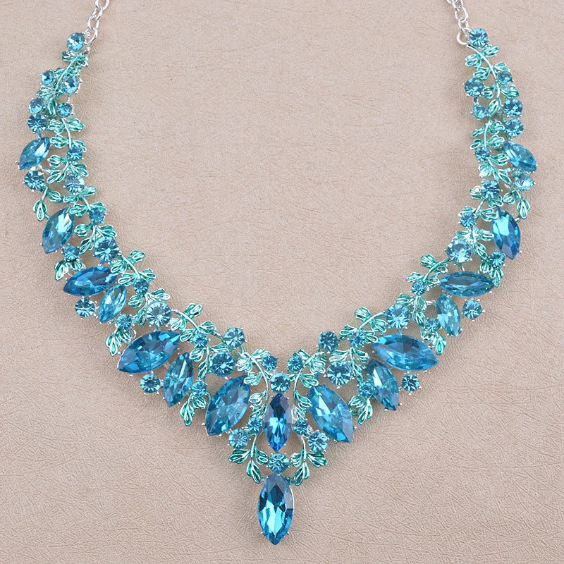 Fashion blue Color Delicate Bridal party jewelry sets marquise glass lake blue necklace and earrings women dress jewelry