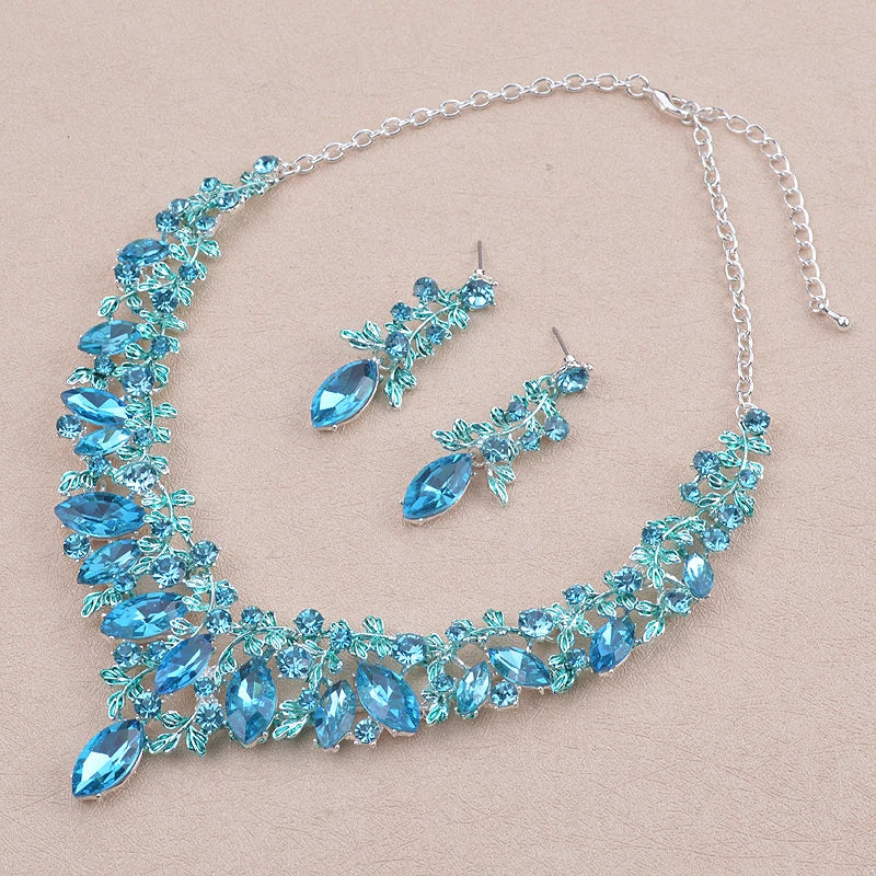Fashion blue Color Delicate Bridal party jewelry sets marquise glass lake blue necklace and earrings women dress jewelry