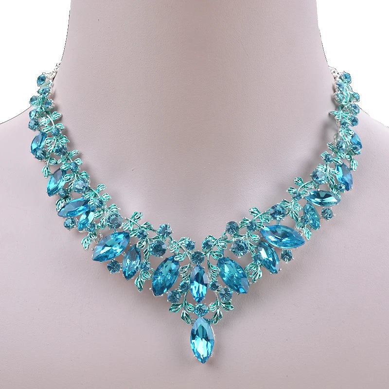 Fashion blue Color Delicate Bridal party jewelry sets marquise glass lake blue necklace and earrings women dress jewelry