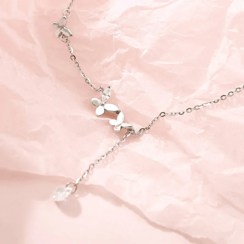 ANENJERY Shiny Cubic Zircon Butterfly Long Chain Tassel Necklace Clavicle Chains Choker For Women Gift S-N568