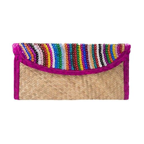 Pochette en paille à rayures sequins avec bordure rose