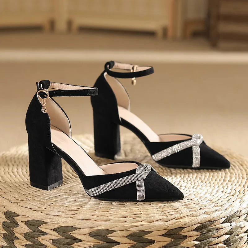 Toe High Heels Women Shoes Solid Color Ankle Strap Rhinestone Black