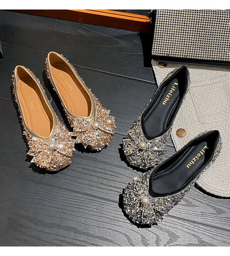 Plus Size 35-43 Women Shoes Flat Heel Wedding Party Shoes Square Toe Office Lady Shoes Pearls Crystal Diamonds Decoration