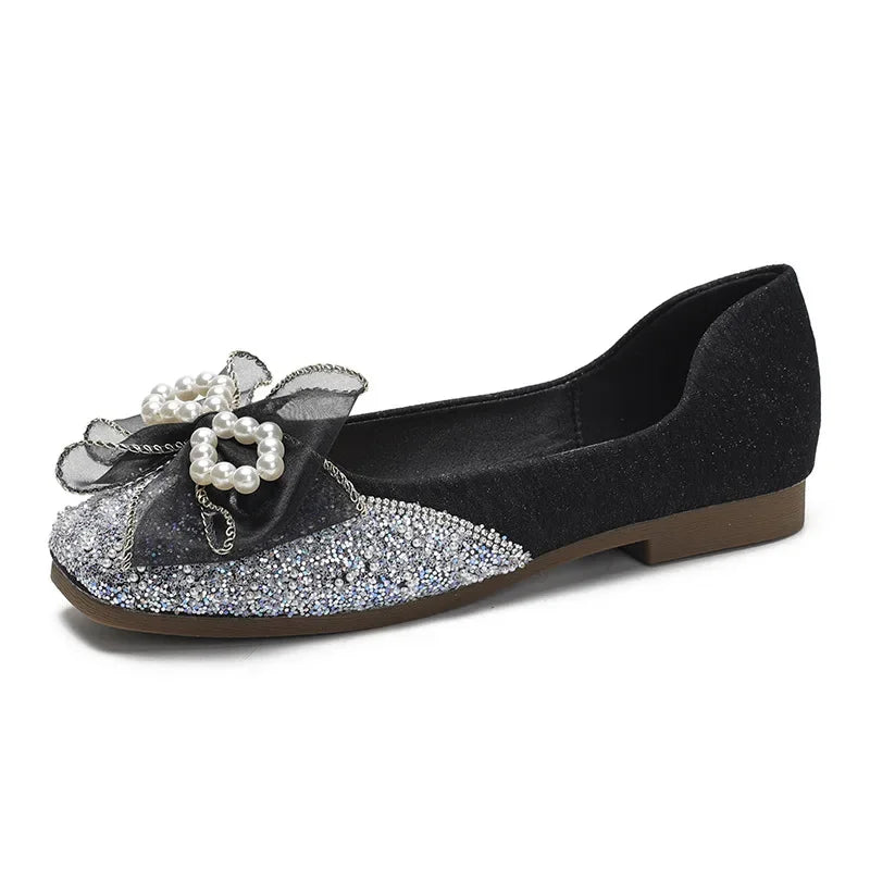 Plus Size 35-43 Women Shoes Flat Heel Wedding Party Shoes Square Toe Office Lady Shoes Pearls Crystal Diamonds Decoration