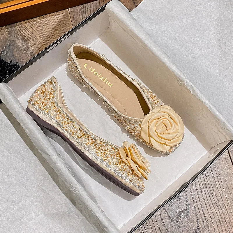 Plus Size 35-43 Women Shoes Flat Heel Wedding Party Shoes Square Toe Office Lady Shoes Pearls Crystal Diamonds Decoration