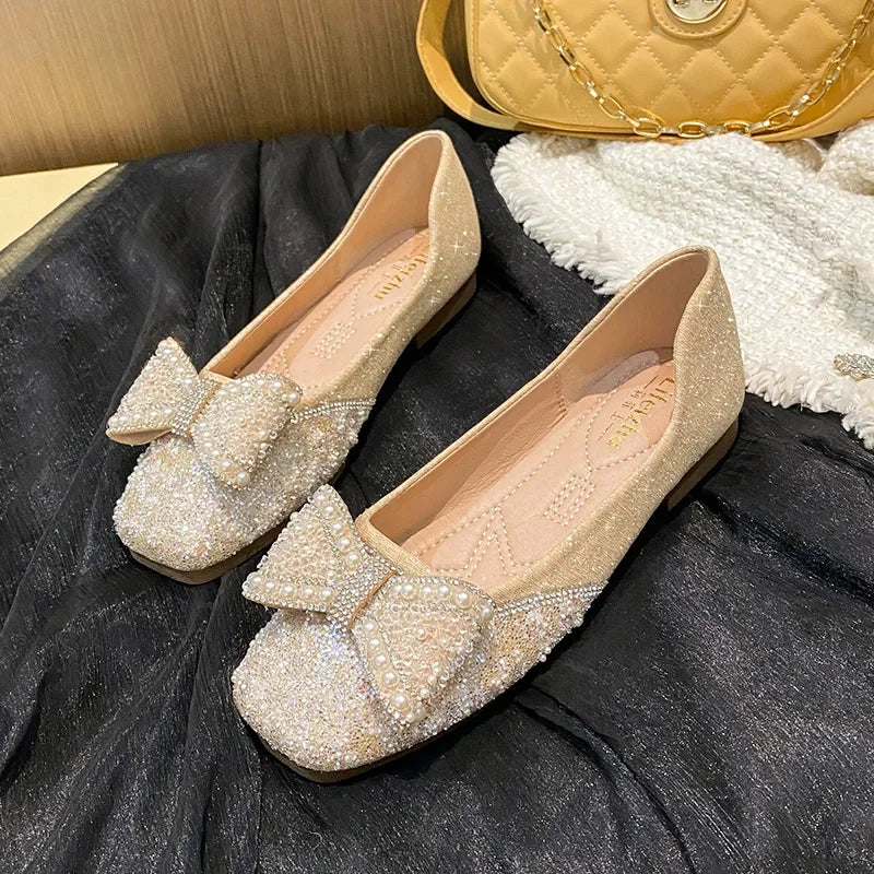 Plus Size 35-43 Women Shoes Flat Heel Wedding Party Shoes Square Toe Office Lady Shoes Pearls Crystal Diamonds Decoration