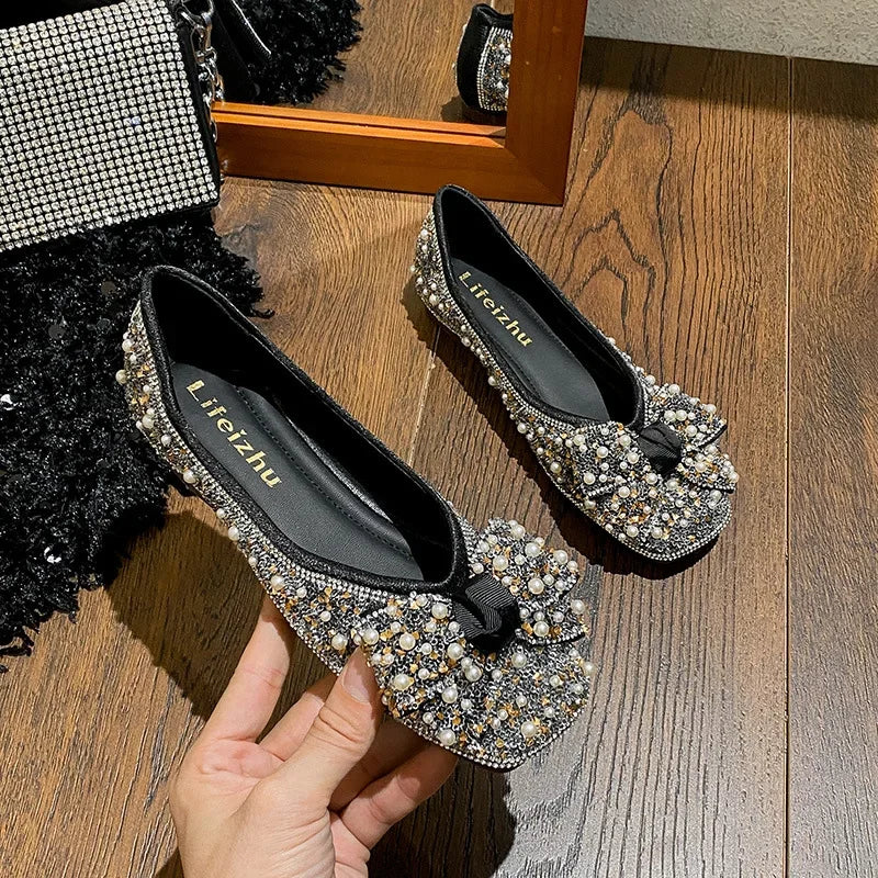 Plus Size 35-43 Women Shoes Flat Heel Wedding Party Shoes Square Toe Office Lady Shoes Pearls Crystal Diamonds Decoration