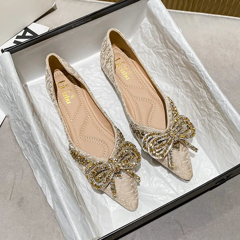 Plus Size 35-43 Women Shoes Flat Heel Wedding Party Shoes Square Toe Office Lady Shoes Pearls Crystal Diamonds Decoration