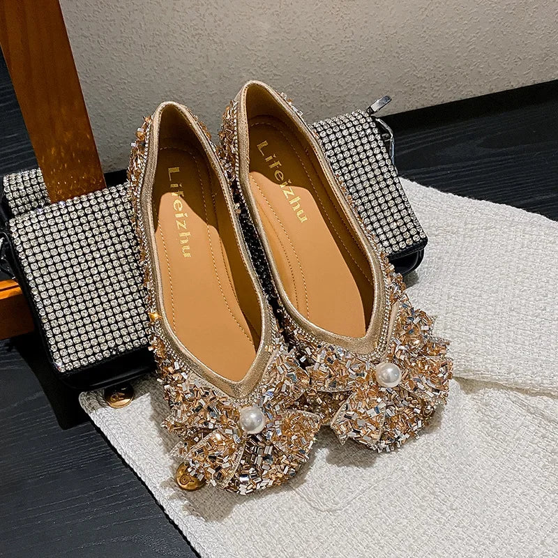 Plus Size 35-43 Women Shoes Flat Heel Wedding Party Shoes Square Toe Office Lady Shoes Pearls Crystal Diamonds Decoration