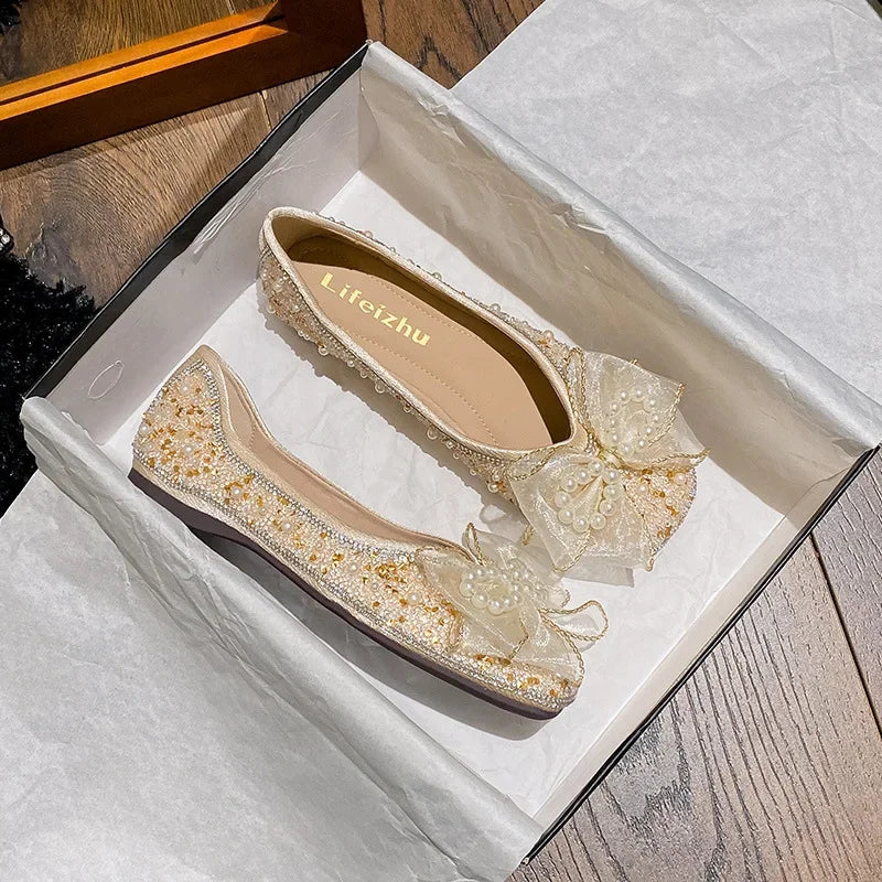 Plus Size 35-43 Women Shoes Flat Heel Wedding Party Shoes Square Toe Office Lady Shoes Pearls Crystal Diamonds Decoration