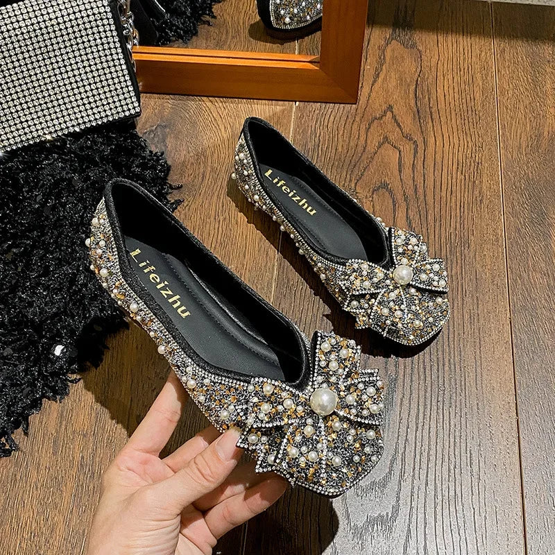 Plus Size 35-43 Women Shoes Flat Heel Wedding Party Shoes Square Toe Office Lady Shoes Pearls Crystal Diamonds Decoration