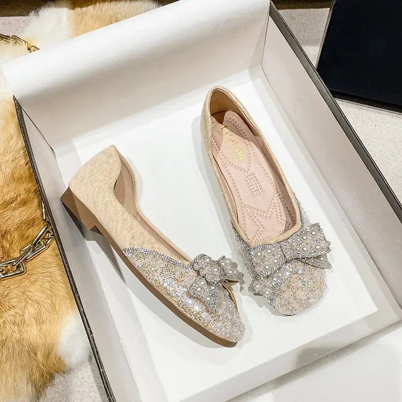 Plus Size 35-43 Women Shoes Flat Heel Wedding Party Shoes Square Toe Office Lady Shoes Pearls Crystal Diamonds Decoration