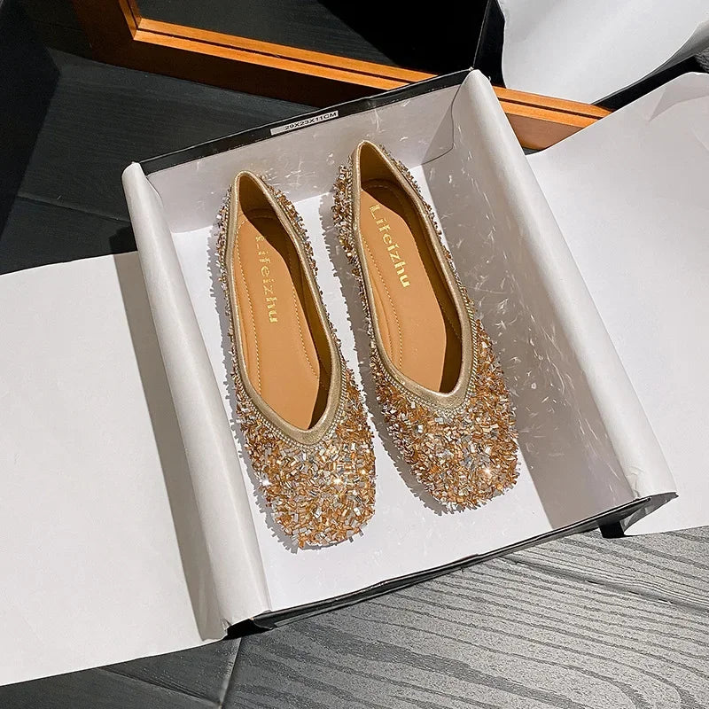 Plus Size 35-43 Women Shoes Flat Heel Wedding Party Shoes Square Toe Office Lady Shoes Pearls Crystal Diamonds Decoration