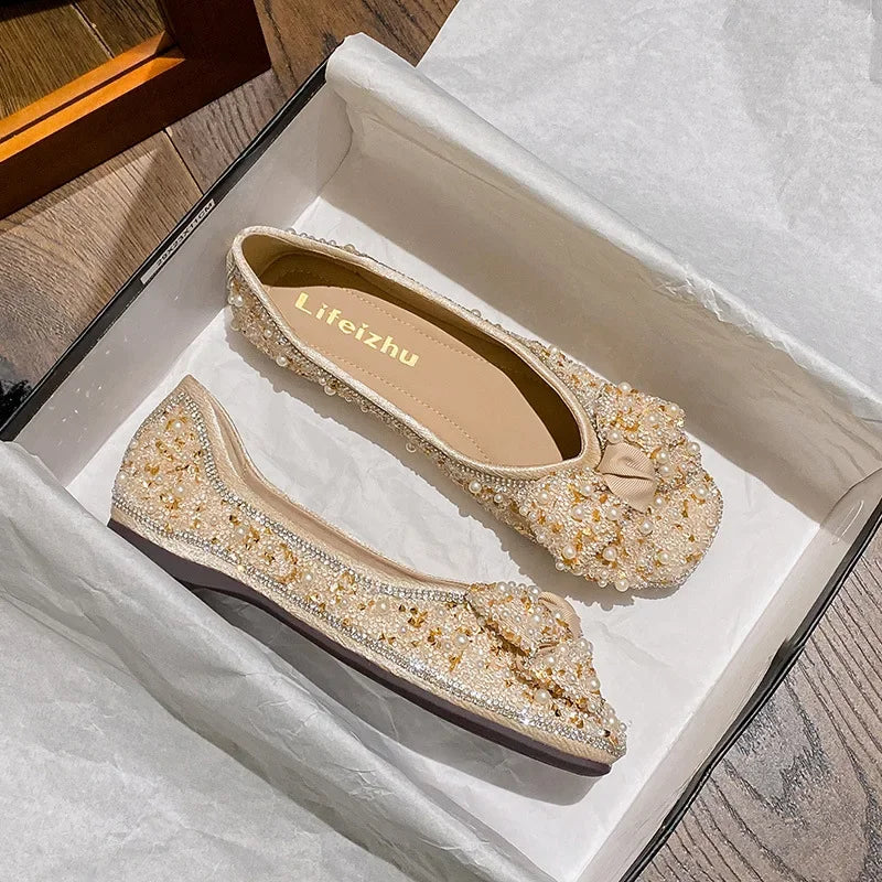 Plus Size 35-43 Women Shoes Flat Heel Wedding Party Shoes Square Toe Office Lady Shoes Pearls Crystal Diamonds Decoration