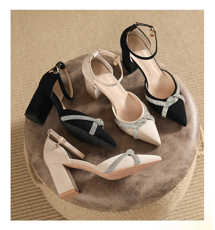 Toe High Heels Women Shoes Solid Color Ankle Strap Rhinestone Black