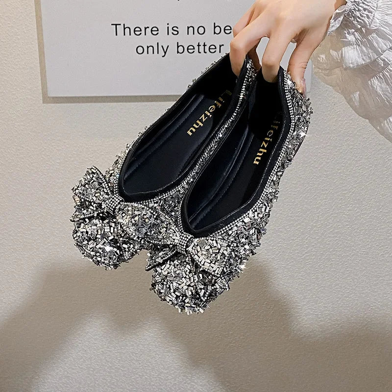 Plus Size 35-43 Women Shoes Flat Heel Wedding Party Shoes Square Toe Office Lady Shoes Pearls Crystal Diamonds Decoration