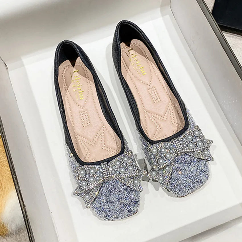 Plus Size 35-43 Women Shoes Flat Heel Wedding Party Shoes Square Toe Office Lady Shoes Pearls Crystal Diamonds Decoration