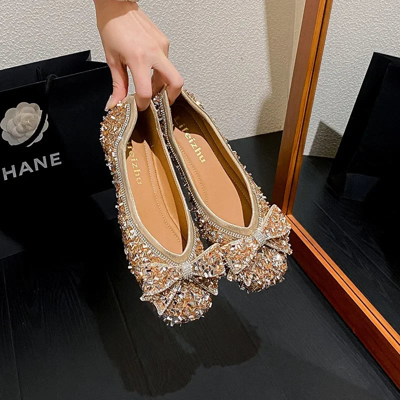 Plus Size 35-43 Women Shoes Flat Heel Wedding Party Shoes Square Toe Office Lady Shoes Pearls Crystal Diamonds Decoration
