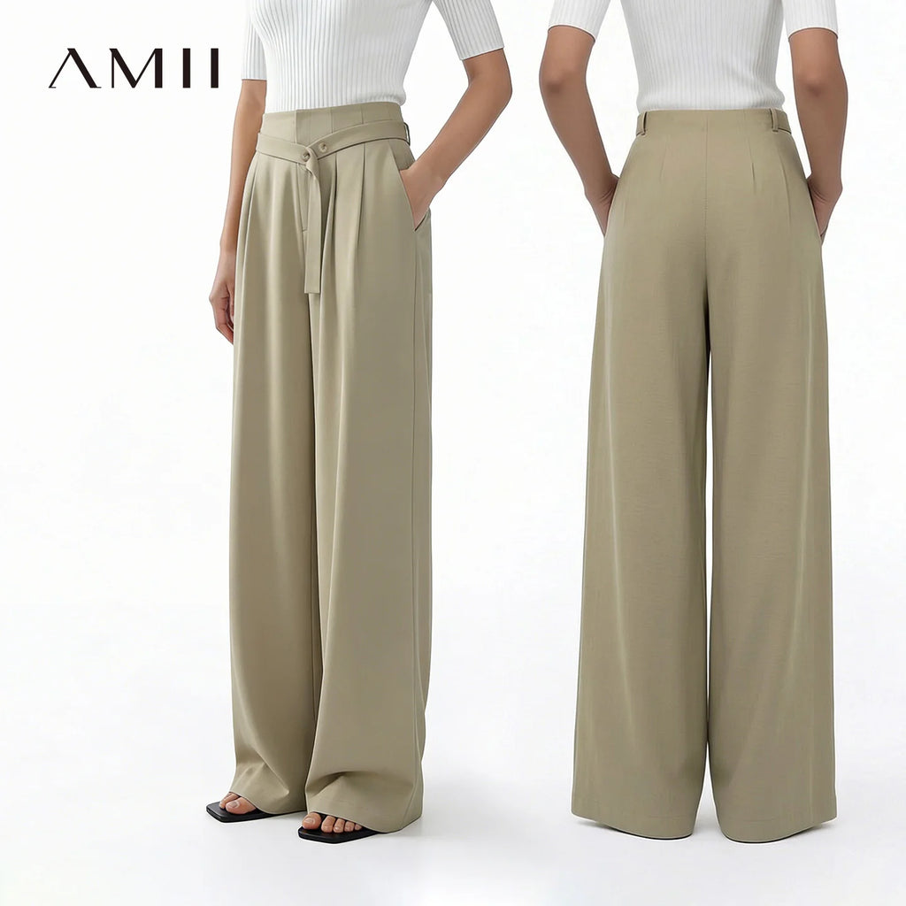 Amii Women's Pants 2026 Summer New Asymmetric Belted Linen Blend Casual Trousers Office Straight Versatile Women Pants 12642083