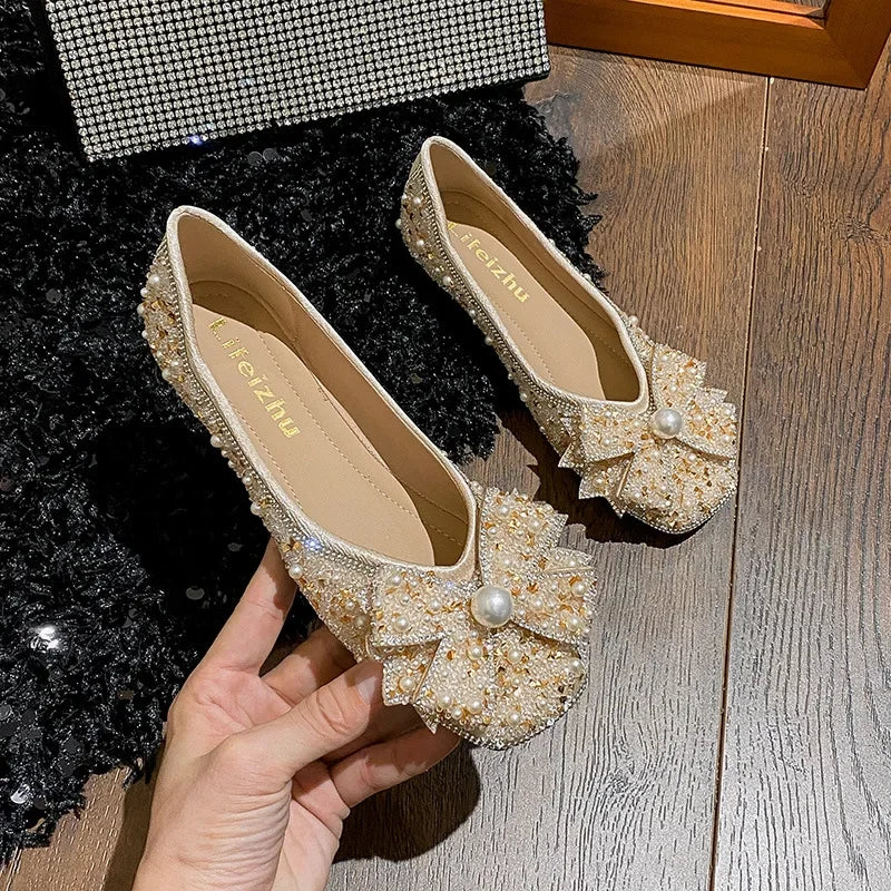 Plus Size 35-43 Women Shoes Flat Heel Wedding Party Shoes Square Toe Office Lady Shoes Pearls Crystal Diamonds Decoration