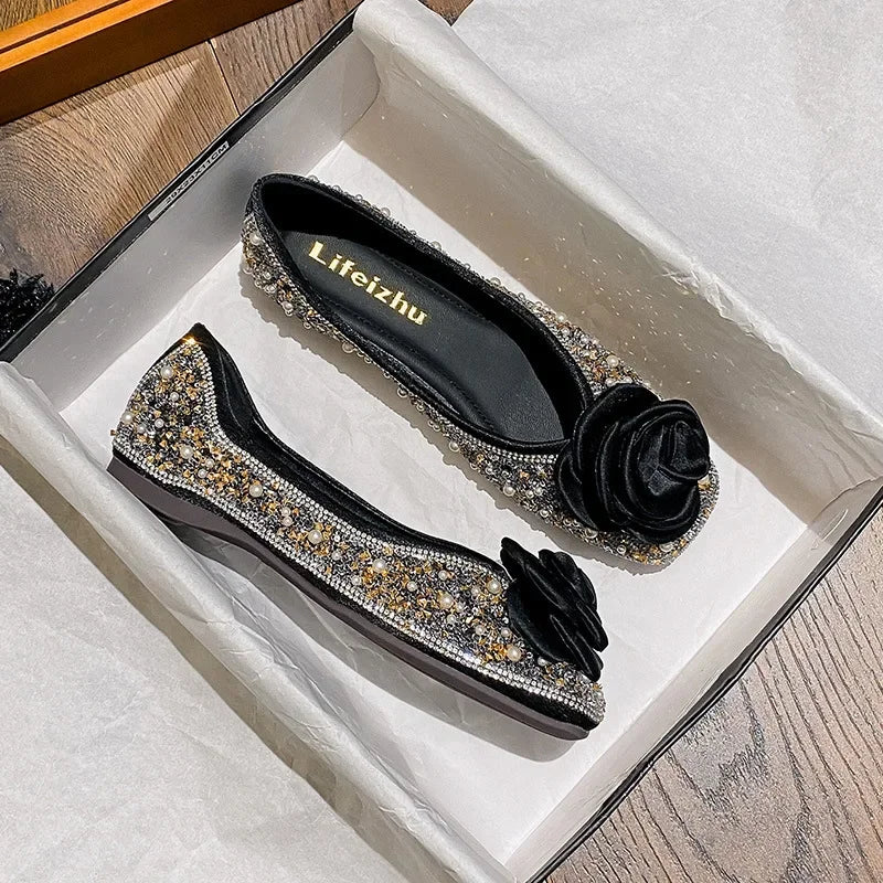 Plus Size 35-43 Women Shoes Flat Heel Wedding Party Shoes Square Toe Office Lady Shoes Pearls Crystal Diamonds Decoration